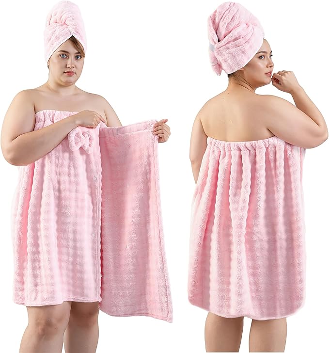 REDKISS Pink Towel Wrap for Women, XL Spa Shower Wrap with Hair Towel, Super Absorbent Bath Towels Robe for Body, Adjustable Microfiber Plush Bathrobe for Girls, Warmth Velcro Plus Size Wraps Towels