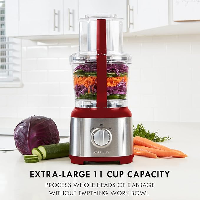 Kenmore 11 Cup Food Processor - Vegetable & Fruit Salad Cutter, Multifunctional, 500 W, Chopper, Clicer, Mincer, Puree, Grater, Blades, Shredder, Compact Stainless Steel Kitchen Appliances, Red