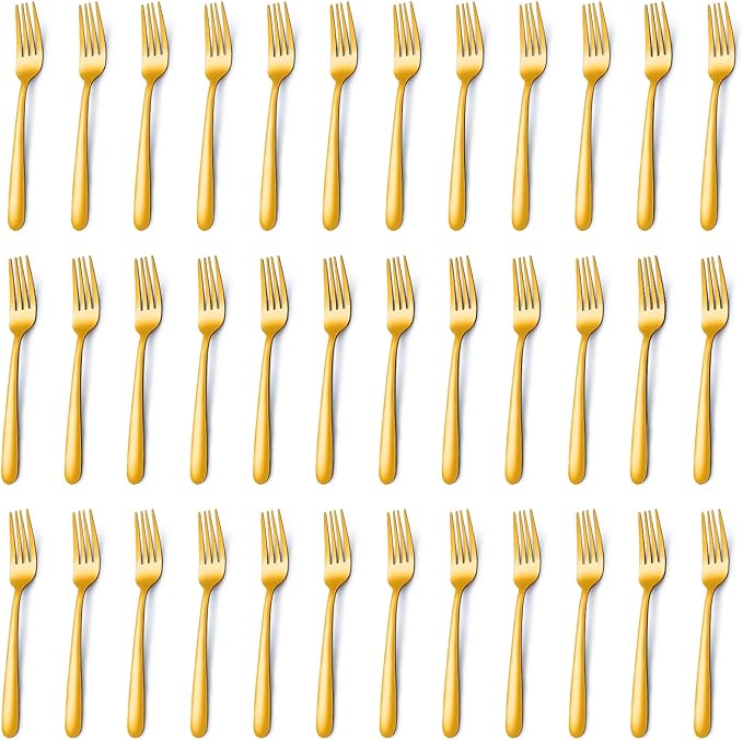 Pleafind 36 Pieces Gold Dinner Forks Set (8 inch), Forks Silverware, Mirror Polished Fork Set, Small Forks for Home, Kitchen, Restaurant, Dishwasher Safe