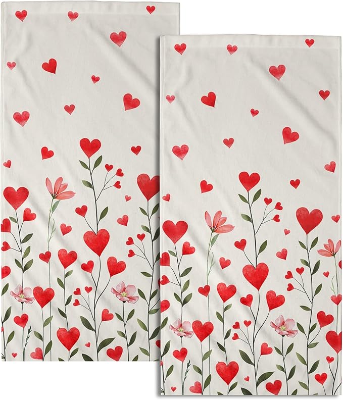 Imiss Red Love Hearts Hand Towels Set of 2 Flowers Holiday Bathroom Towel 14.4 x 28.3 Inch Wedding Farmhouse Decoration Fingertip Towels for Hotel Gym Spa