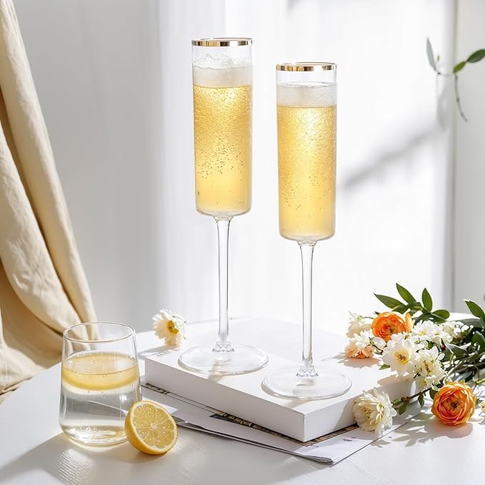 Ciaell 24 Pack Plastic Champagne Flutes - 6Oz Gold Rim Disposable Champagne Glasses - Square Clear Plastic Toasting Glasses for Party Birthday Anniversary Wedding Christmas