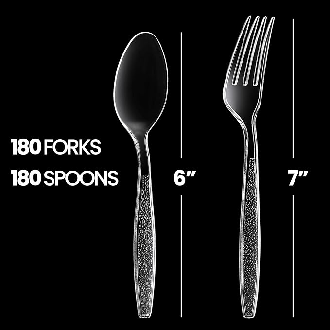 Plastic Forks and Spoons Set - (Bulk Pack 360 Pcs) Clear Plastic Cutlery Utensils Heavy Duty, 180 Forks and 180 Spoons, Silverware Sets for Party Supplies, Dinners, Take-Out, Catering, Food Services