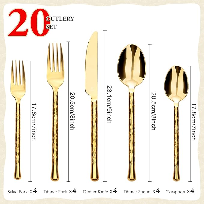 Glam Forged 20-Piece Titanium Gold Silverware Set, 18/10 Stainless Steel Flatware Service for 4, Shiny Gold Flatware, Unique Cutlery Set for Home Kitchen Restaurant Wedding, Dishwasher Safe