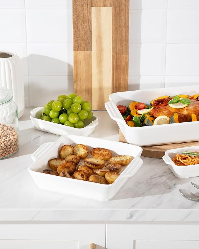 Sweejar Ceramic Bakeware Set of 4, Casserole Dishes for Oven, Rectangular Baking Dish with Handles, Lasagna Pans Deep for Cooking, Gratin, Roasting, Banquet and Daily Use (White)