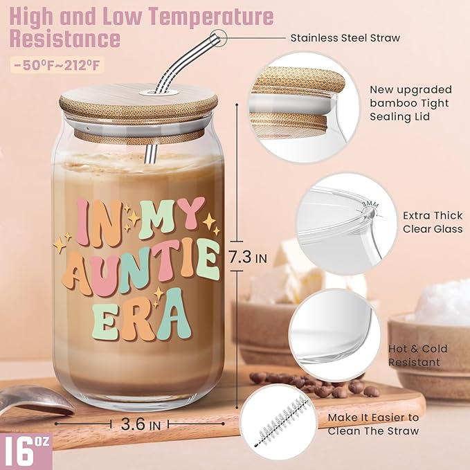 Christmas Day Gifts for Auntie from Niece - Mother’s Day Birthday Gifts for New Auntie, To Be Auntie, Aunt Announcement, Promoted To Aunt - 16 Oz Can Coffee Glass