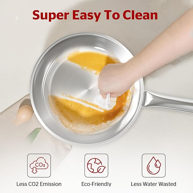 Sunhouse 9 Inch Tri-Ply Stainless Steel Frying Pan, Whole-Clad No Coatings Skillet with Stay-cool Handle for Cooking, Durable & Oven Safe to 500°F, Dishwasher Safe, Compatible with All Cooktops
