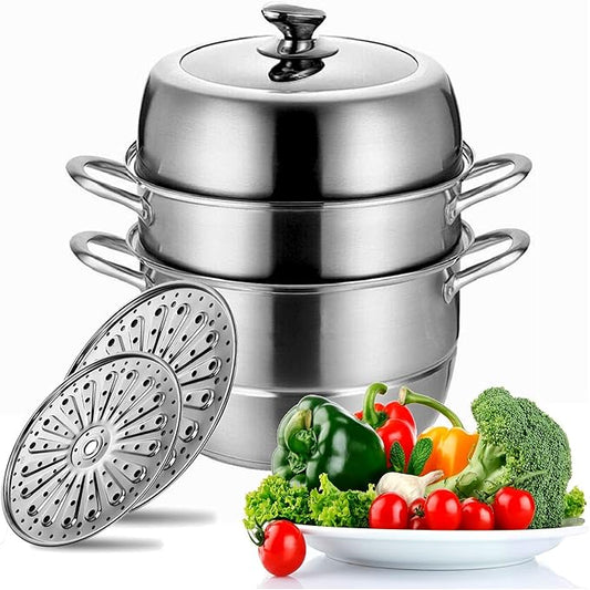 Stainless Steel Steamer Pot Thick-bottomed, 3 Tier Food Steamer for Cooking, Large Metal Steam Cooker, Work for Induction and Stove, Suitable for Tamale, Vegetable, Dumpling and Seafood