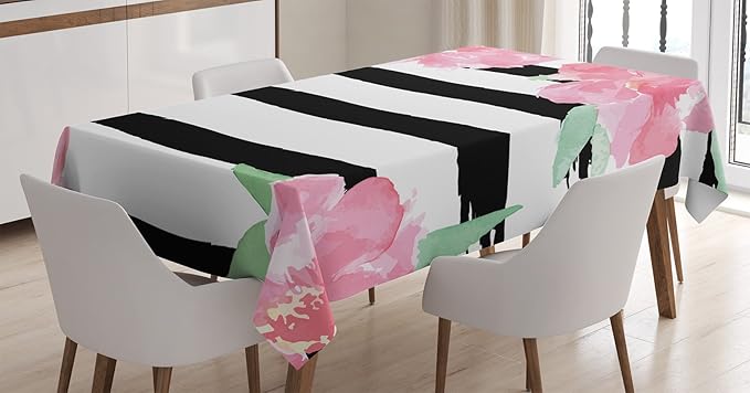 Ambesonne Floral Tablecloth, Watercolor Peony Flowers with Black Brush Strokes Romantic Spring Print, Rectangular Table Cover for Dining Room Kitchen Decor, 60" X 90", Pink White