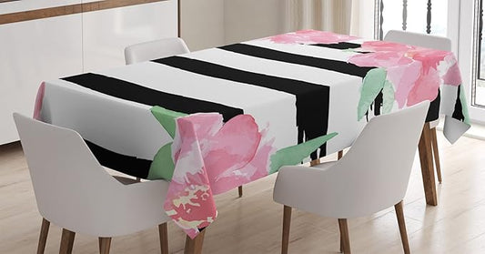 Ambesonne Floral Tablecloth, Watercolor Peony Flowers with Black Brush Strokes Romantic Spring Print, Dining Room Kitchen Rectangular Table Cover, 60" X 84", Pink White