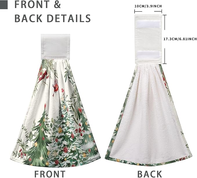 Winter Holly Green Hanging Kitchen Towels Xmas Tree Hand Tie Towel Cardinal Christmas Hanging Dish Towels Soft Absorbent Washcloth for Kitchen Bathroom Laundry