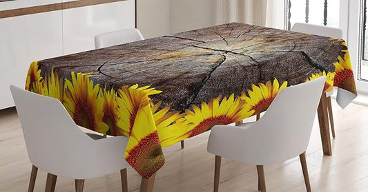 Ambesonne Sunflower Tablecloth, Cut Section Wood Stump Sunflowers Tree Trunk Rustic Ornamental, Rectangular Table Cover for Dining Room Kitchen Decor, 60" X 90", Seal Brown
