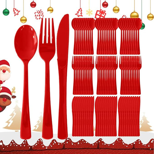 150 Pack Disposable Plastic Silverware, Heavy Duty Red Plastic Cutlery Set Includes 50 Forks 50 Knives 50 Spoons for Birthday Wedding Party Picnics (150, Red)