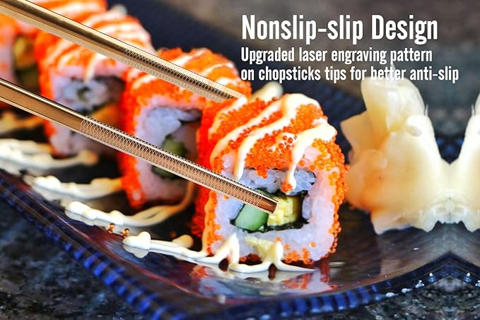 Metal Chopsticks Titanium Plated Stainless Steel Chopsticks Reusable Dishwasher safe Japanese Korean Chopstick lightweight Laser Engraved Anti-slip Chop sticks for Eating 2 Pairs Gift Set Blue Gold