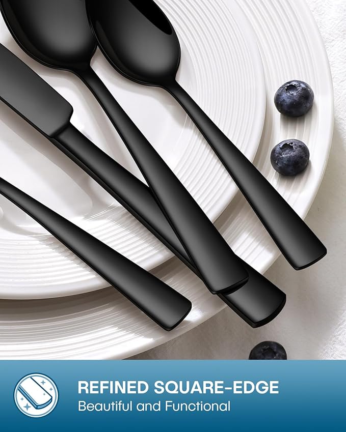 Stapava 48 Pcs Black Silverware Set with Steak Knives, Food-Grade Stainless Steel Flatware Set for 8 Mirror Polished Cutlery Utensil Sets Include Forks Spoons and Knives Set Dishwasher Safe