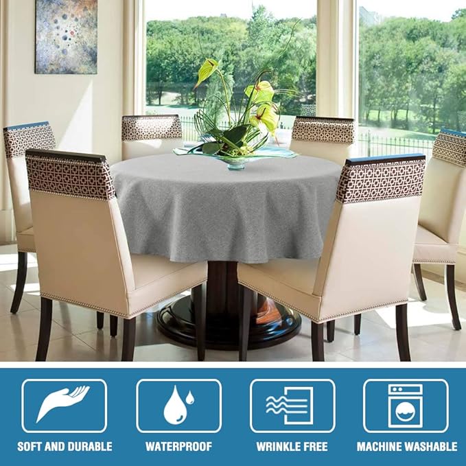 H.VERSAILTEX Linen Textured Tablecloth Round 70 inch Waterproof Decorative Table Cloth Spill-Proof Linen Look Cover for Party Table Extra Soft and Thick Fabric Wrinkle Free, Heather Gray