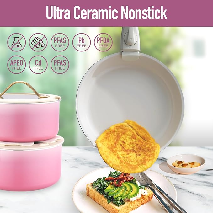 20pcs Ceramic Cookware Set Nonstick, Detachable Handle Pots and Pans Set, Non Toxic,No PFAS & PTFE & PFOA, Dishwasher/Oven Safe, RV Kitchen Set Removable Handle for Cooking, Pink