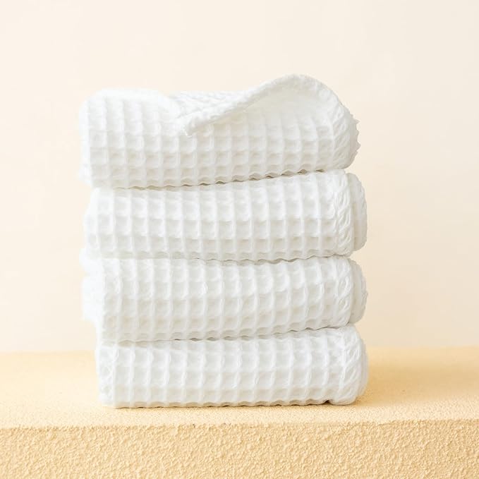Premium Waffle Hand Towels Pack of 4 Extra Large 20x35 inch - 100% Turkish Cotton, Waffle Weave, Quick Dry, Lint Free, Super Absorbent, Thin Hand Bath Towel (White, Set of 4 Hand Towels)