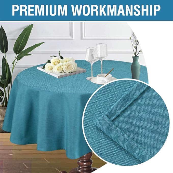 H.VERSAILTEX Linen Textured Table Cloths Round 60 Inch Premium Solid Tablecloth Spill-Proof Waterproof Table Cover for Dining Buffet Feature Extra Soft and Thick Fabric Wrinkle Free, Teal