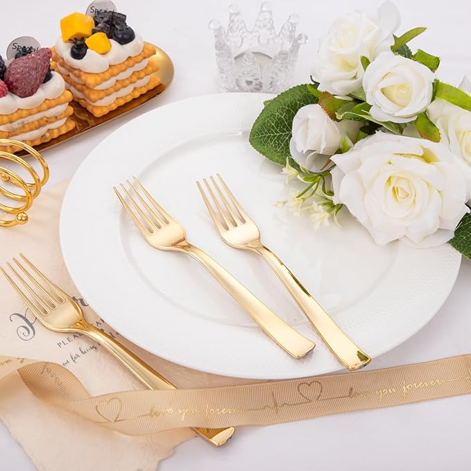 Liacere 360Pcs Plastic Forks - Heavyweight Forks - 7 Inch Heavy Duty Gold Disposable Forks- Gold Plastic Silverwar Perfect For Parties & Weddings & Thanksgiving & Restaurants And Daily Using