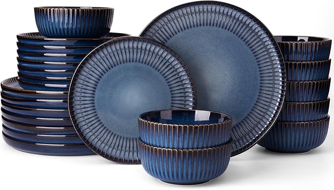 Famiware Starlight Plates and Bowls Dishes Set of 8 (24 Pieces), Ribbed Textured Stoneware Dinnerware Sets- Dishwasher & Microwave Safe, Chip & Scratch Resistant, Starry Blue