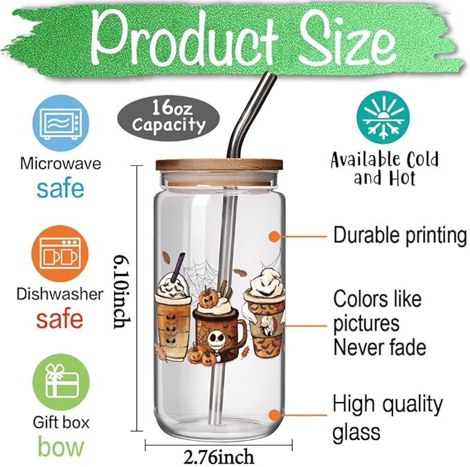 FALJIOK Skeleton Glass Cup w/Lid Straw 16OZ, Skull Coffee Cup, Skeleton Halloween Gifts for Coffee Lover, Witchy Gifts for Women Tarot Lovers