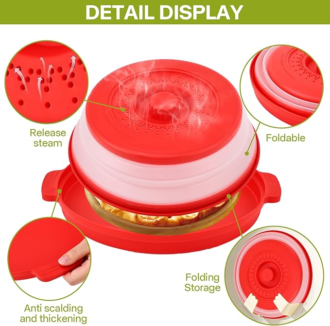 Microwave Splatter Cover for Food with Anti-scald Base Plate,Large Plastic & Silicone Vented Avoid Scalding Collapsible Guard Lid,Kitchen Essential Gadgets for Meal Prep-10.7 Inch (Red)