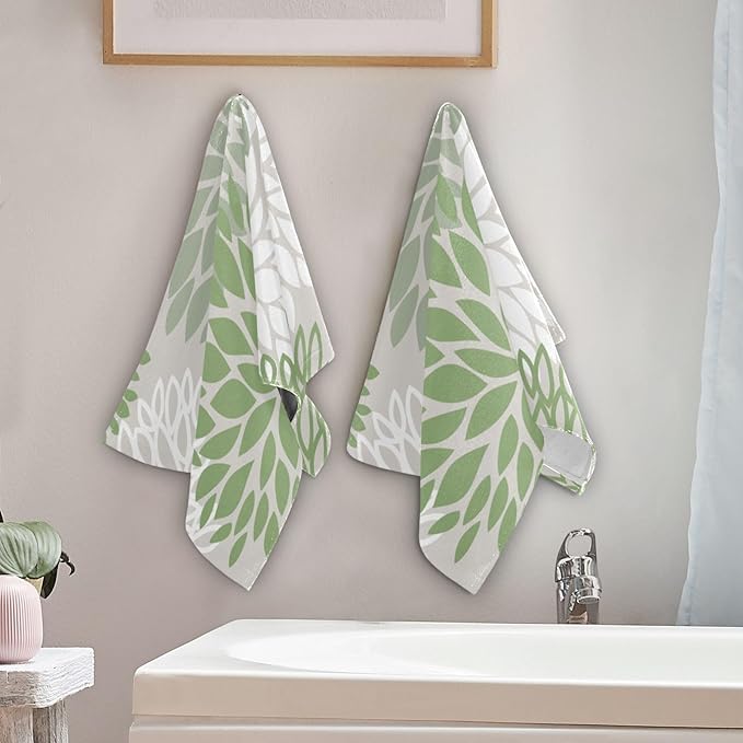 Sage Green Dahlia Hand Towels for Bathroom Set of 2,Absorbent Microfiber Abstract Floral Elegant Kitchen Towels 14"x28",Decorative Modern Flower Bathroom Towels for Bath,Guest,Face,Shower