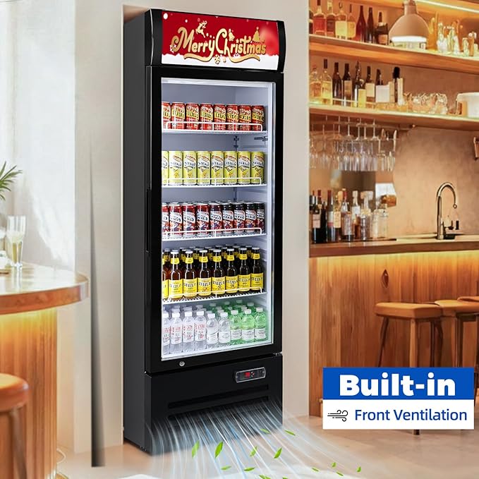 Commercial Refrigerator Beverage Cooler, 12.5 Cu.Ft Display Refrigerator with Glass Door, Drink Fridge with Led Light, 4 Adjustable Shelves, Merchandiser Refrigerator for Beer, Bar, Shop