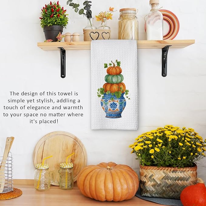 Chinoiserie Fall Pumpkin Hand Towels for Kitchen Decor,1PCS Blue and White Porcelain Thanksgiving Tea Dish Towel,Farmhouse Pumpkin Decor for Bathroom,Anthropology Autumn Gifts for Women-B04