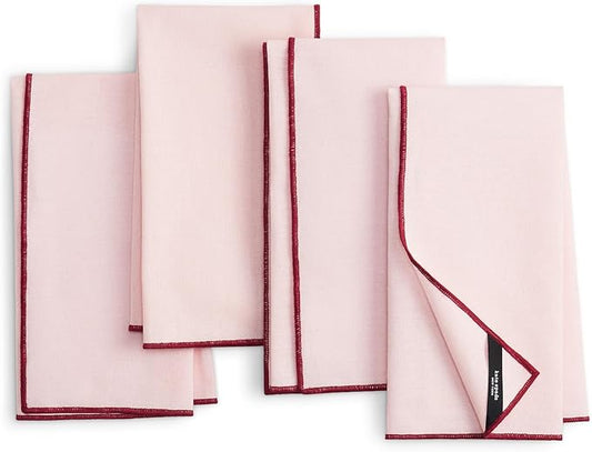 Kate Spade New York Garden Party Embroidered Edge Napkins 4-Pack Set, Cotton-Linen Machine Washable, Pink/Rose Pink, 20"x20"