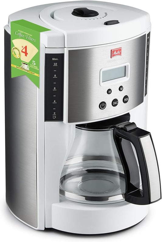 Melitta Aroma Enhance 10-Cup Drip Coffee Maker, Automatic and Programmable, 96oz Capacity with 5-Pack Coffee Filters | White