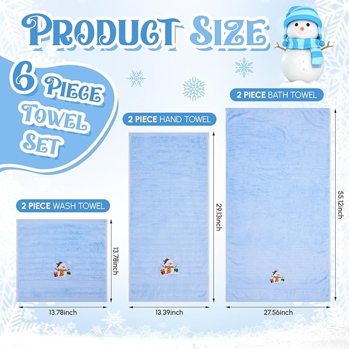 Peryiter 6 Pack Cotton Christmas Snowman Bath Towels Set Blue Winter Towels for Bathroom, Soft and Absorbent, Contains 2 Bath Cloth, 2 Hand Cloth and 2 Wash Cloths