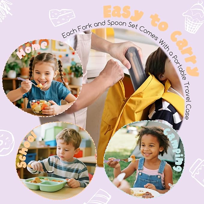 Stainless Steel Travel Kid Cutlery Set with Portable Case, Safe Toddler Spoon and Fork Set for Self-Feeding, Ideal Toddler Utensil Set for School Lunch, Travel, & Outdoors, Dishwasher Safe (Purple)
