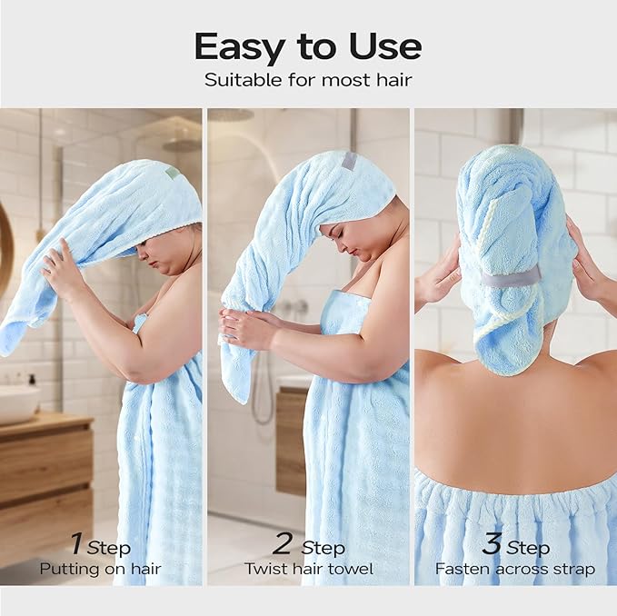REDKISS Blue Towel Wrap for Women, XL Spa Shower Wrap with Hair Towel, Super Absorbent Bath Towels Robe for Body, Adjustable Microfiber Plush Bathrobe for Girls, Warmth Velcro Plus Size Wraps Towels