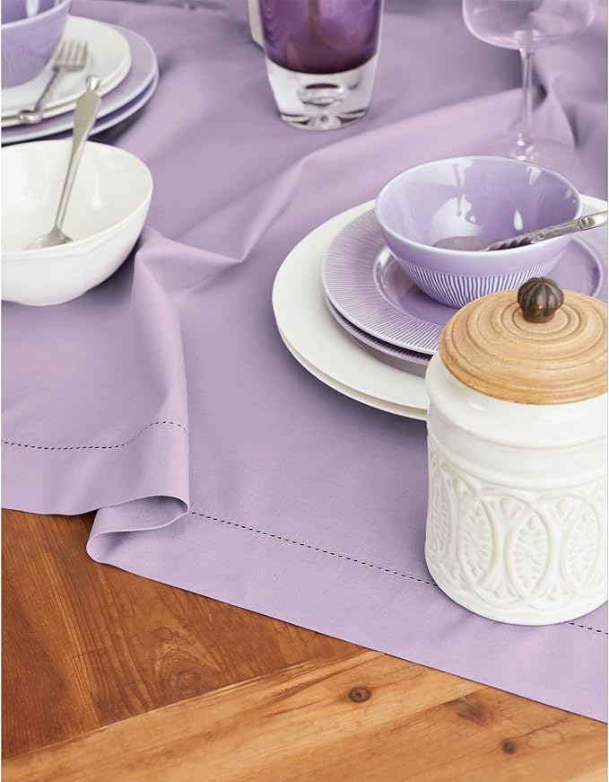 Solino Home Cotton Linen Tablecloth 58 x 104 Inch - Hemstitch Lavender Ice Table Cloth for Rectangle Tables - Machine Washable Tablecloth for Valentines