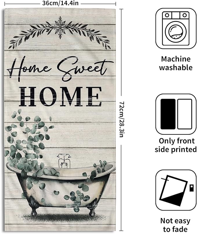 Imiss Home Sweet Home Hand Towels Set of 2 - Green Leaves Bathroom Towel 14.4 x 28.3 Inch Vintage Style Bathtub Kitchen Dishcloth Farmhouse Fingertip Towel for Gym Yoga Spa Bathroom