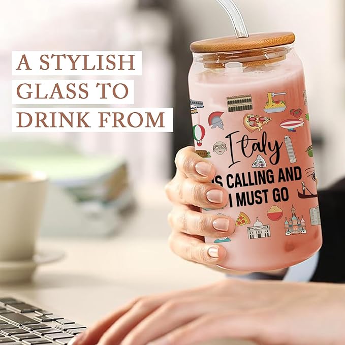 Italy Travel Essentials - Cute Glass Cup with Lids and Straws, 16 Oz Tumbler for Women's Birthday, Christmas, Travel Gifts