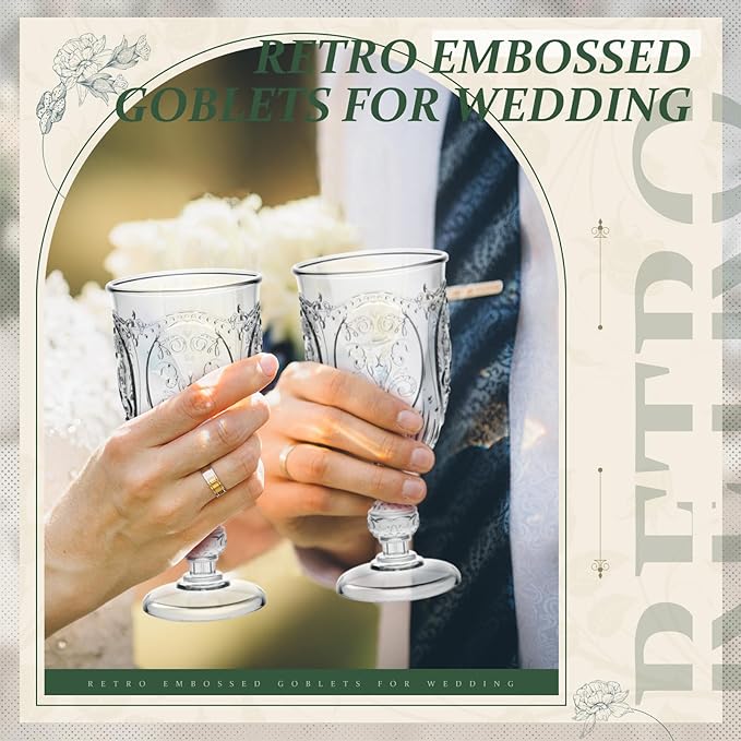 24 Pcs Plastic Goblets 7.5oz Vintage Goblet Plastic Wine Glasses Colored Retro Embossed Water Goblets for Wine Bar Juice Baby Shower Wedding Reception Grand Event Party (Clear)