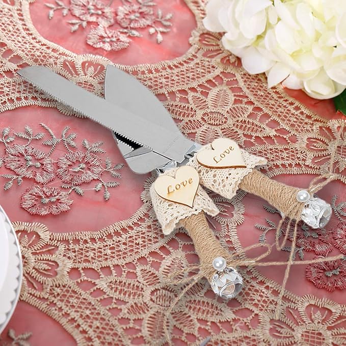 Rustic Love Sign Wedding Cake Knife and Server Set,Wedding Cake Knife Serveing,Pizza Pie Cake Cutter for Parties Weddings Birthdays Anniversaries (love and lace)