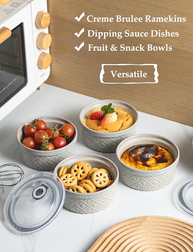 Ramekin Dish Set of 4, 12 oz Creme Brulee Ramekins with Lids, Ceramic Ramekins for Serving Dips, Lava Cake, Pudding, Souffle, Baking Bowls Set Dishwasher and Oven Safe, Gray