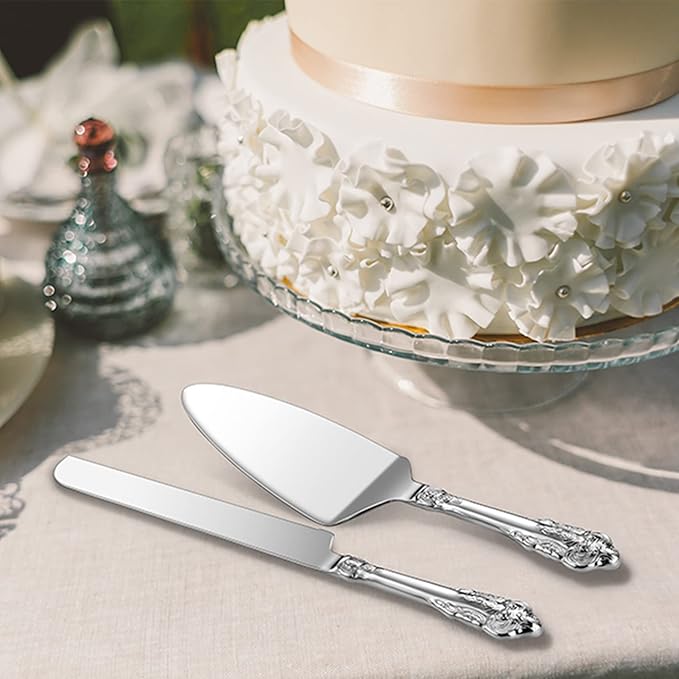 KEAWELL Gorgeous Wedding Cake Knife and Server Set, 18/10 Stainless Steel, Fine Luxury Cake Cutting Set (Silver)