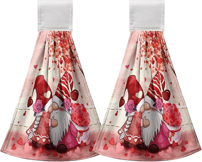 Valentines Gnome Kiss Bathroom Hand Towels with Loop Set of 2 Pink Hearts Rose Hanging Dish Kitchen Towels 17 x 12 inch Soft Absorbent Sweet Love Tie Towel Dishcloths for Washroom Bathroom Kitchen