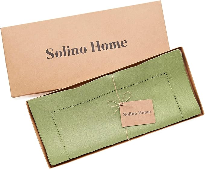 Solino Home Linen Moss Green Table Runner 120 Inches Long - 100% Pure Linen Hemstitch 14 x 120 Inch Table Runner for Dining, Winter - Classic Hemstitch
