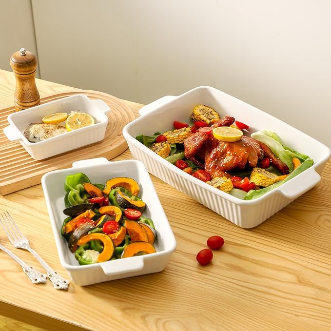 Hasense Rectangular Casserole Dishes for Oven, Ceramic Baking Dish, Baking Pans Set of 3, Lasagna Pan with Handle, Microwave & Dishwasher Safe, Wedding Mother's Day Gift, White(15"/12.2''/8.3'')