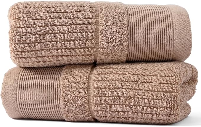 sense gnosis Khaki Hand Towel Soft Ribbed Striped Pattern 100% Cotton Absorbent Luxury Decorative Towel for Bathroom 13 x 29 Inch, 2 Pieces