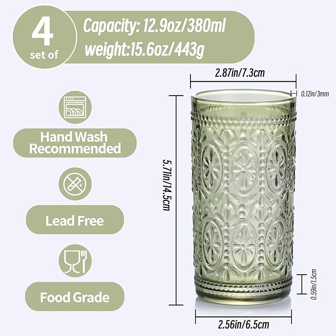 Green Drinking Glasses Set of 4, Vintage Drinking Glasses, Colored Glassware Drinking, Highball Beverage Glasses Cup, Vintage Glassware Set for Water, Juice, Cocktail, Coffee