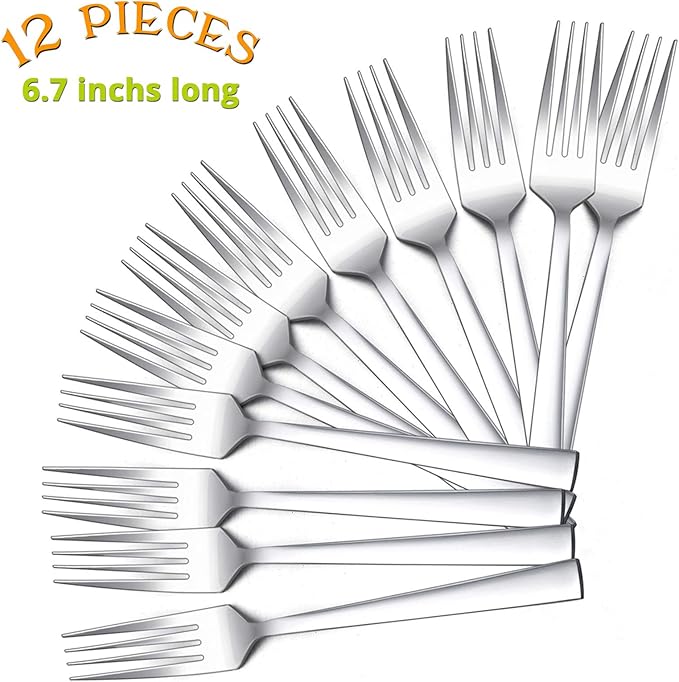 Salad Forks Set of 12, E-far 6.7 Inch Stainless Steel Dessert Forks for Home, Kitchen or Restaurant, Non-toxic & Mirror Polished, Squared Edge & Dishwasher Safe