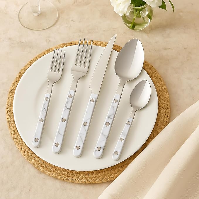 Khen 20-Piece Cutlery Set – Includes Dinner Knives, Forks, Spoons, Salad Forks & Teaspoons – Dishwasher Safe Cutlery Set for Home, Kitchen, Parties & Special Occasions – Carrera Pattern Handles