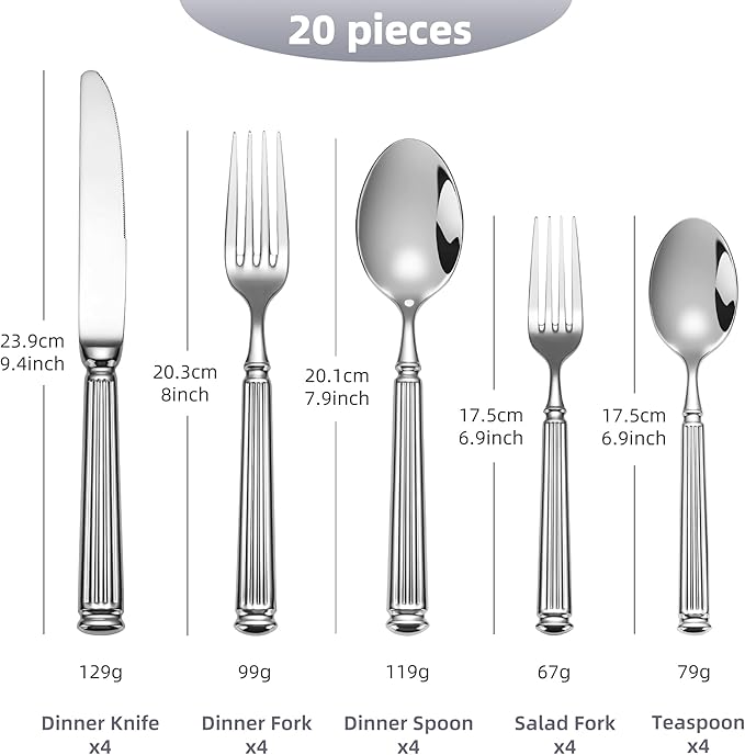 20-Piece 18/10 Stainless Steel Forged Flatware Set Heavy Duty Silverware for 4, Thick Handle, Ideal for Gift
