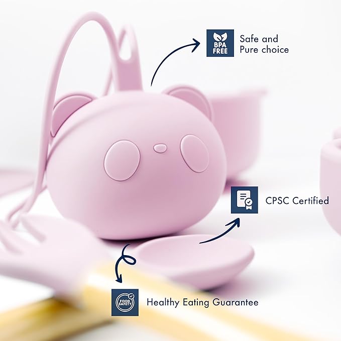 Silicone Baby Feeding Set - Complete Baby Led Weaning Supplies with Non-Toxic Silicone Bibs, Suction Plates, Suction Baby Bowl, Sippy Cup, Baby Spoons and Fork, Toddler Utensils (Angelic Pink)